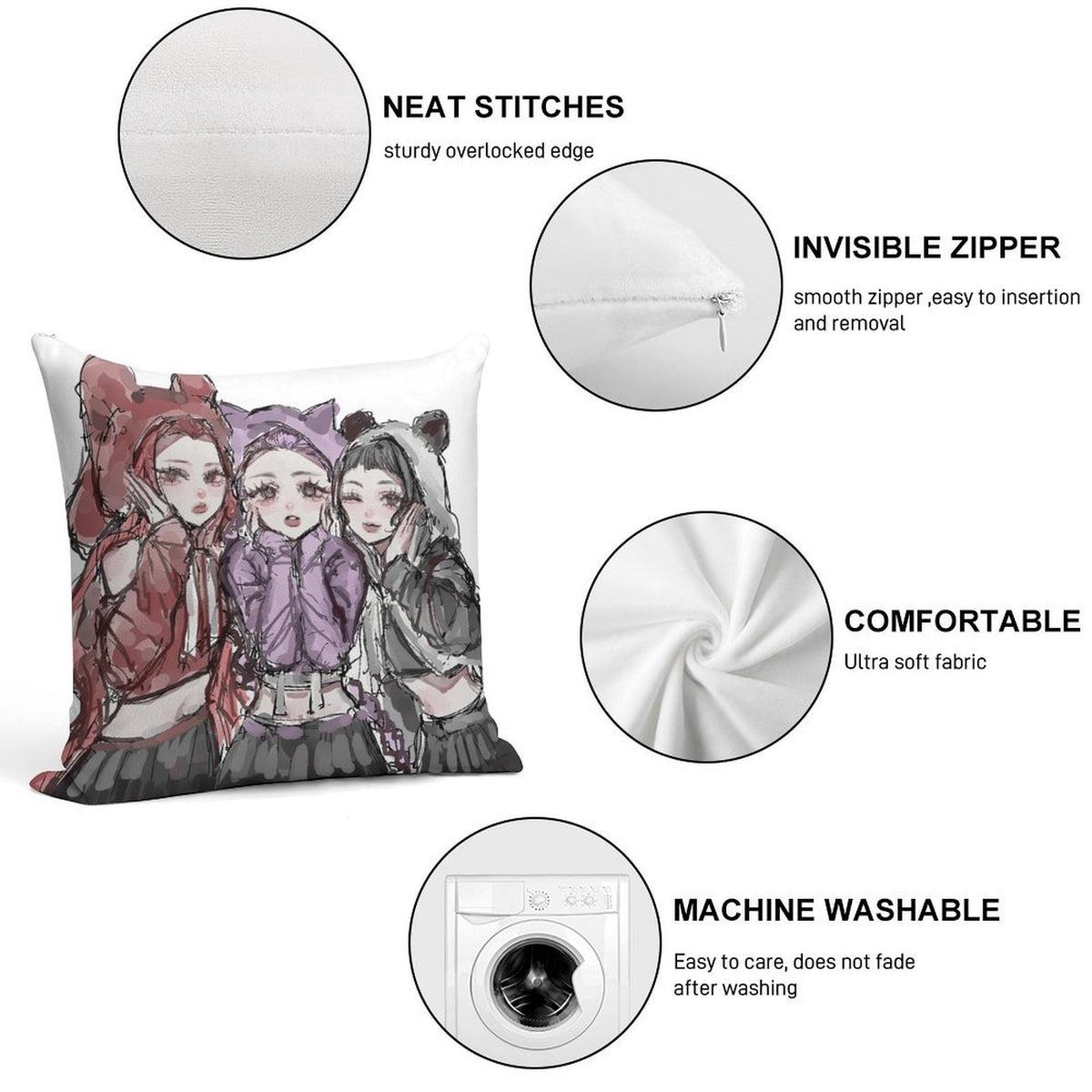 Kpop Demon Monster Soft Plush Pillow Cover 18"x18" – Ultra Soft Short Plush Square Cushion Cover with Hidden Zipper, Single-Sided Print Decorative Throw Pillowcase for Sofa, Bed, and Home Decor