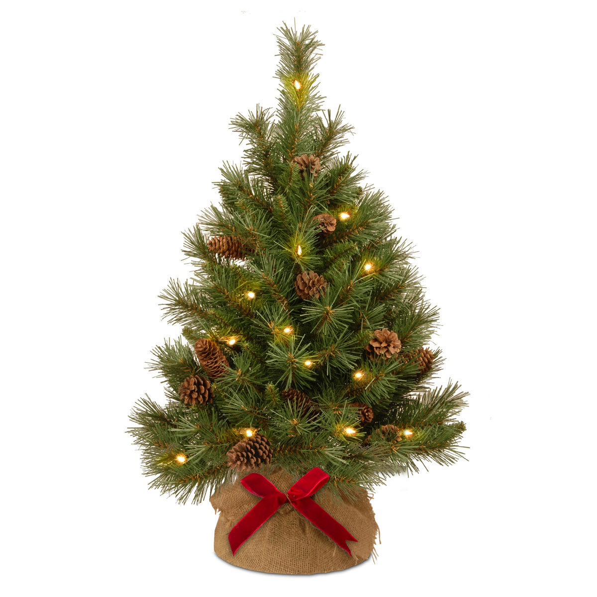 3ft Pre-Lit Pine Cone Christmas Tree with LED Lights, Flocked Artificial Pine in Burlap Base for Tabletop