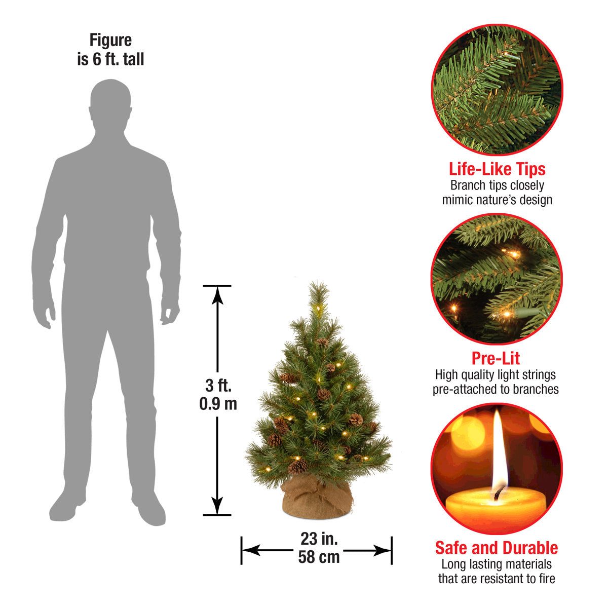 3ft Pre-Lit Pine Cone Christmas Tree with LED Lights, Flocked Artificial Pine in Burlap Base for Tabletop