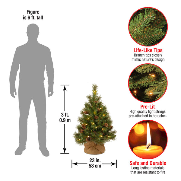 3ft Pre-Lit Pine Cone Christmas Tree with LED Lights, Flocked Artificial Pine in Burlap Base for Tabletop