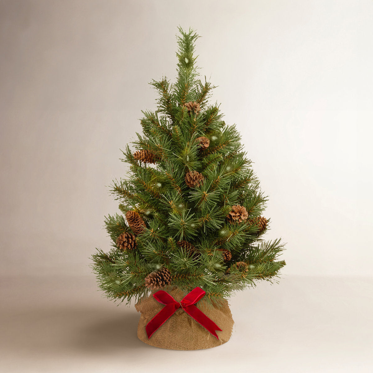 3ft Pre-Lit Pine Cone Christmas Tree with LED Lights, Flocked Artificial Pine in Burlap Base for Tabletop