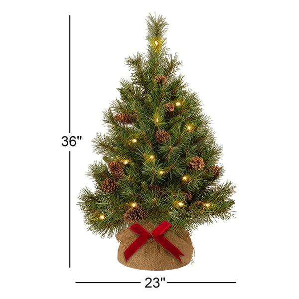 3ft Pre-Lit Pine Cone Christmas Tree with LED Lights, Flocked Artificial Pine in Burlap Base for Tabletop