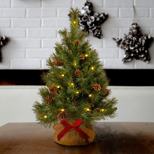 3ft Pre-Lit Pine Cone Christmas Tree with LED Lights, Flocked Artificial Pine in Burlap Base for Tabletop