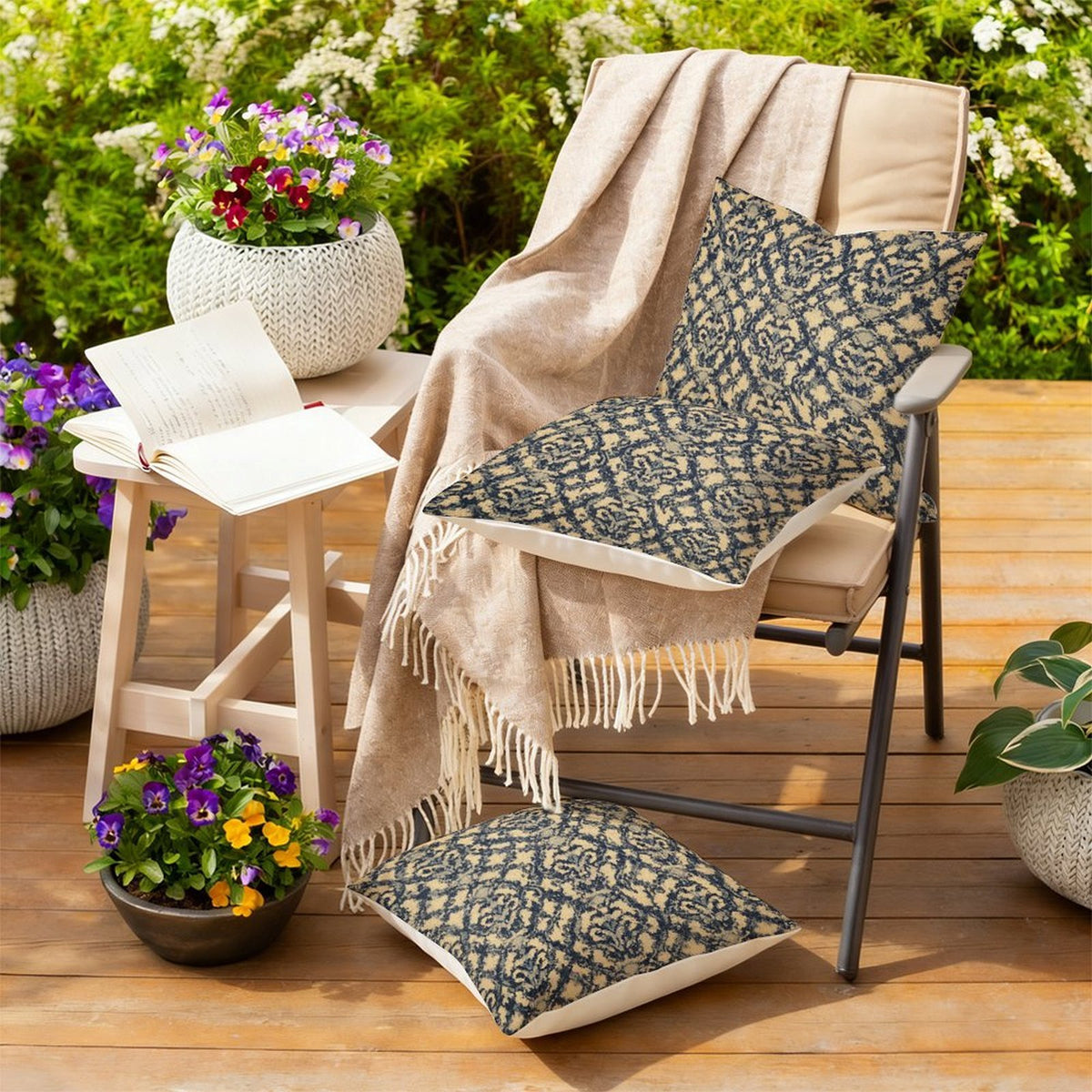 Waterproof Outdoor Throw Pillow Cover, Navy Blue Floral Pillow Cover, Rustic Pillow Sham