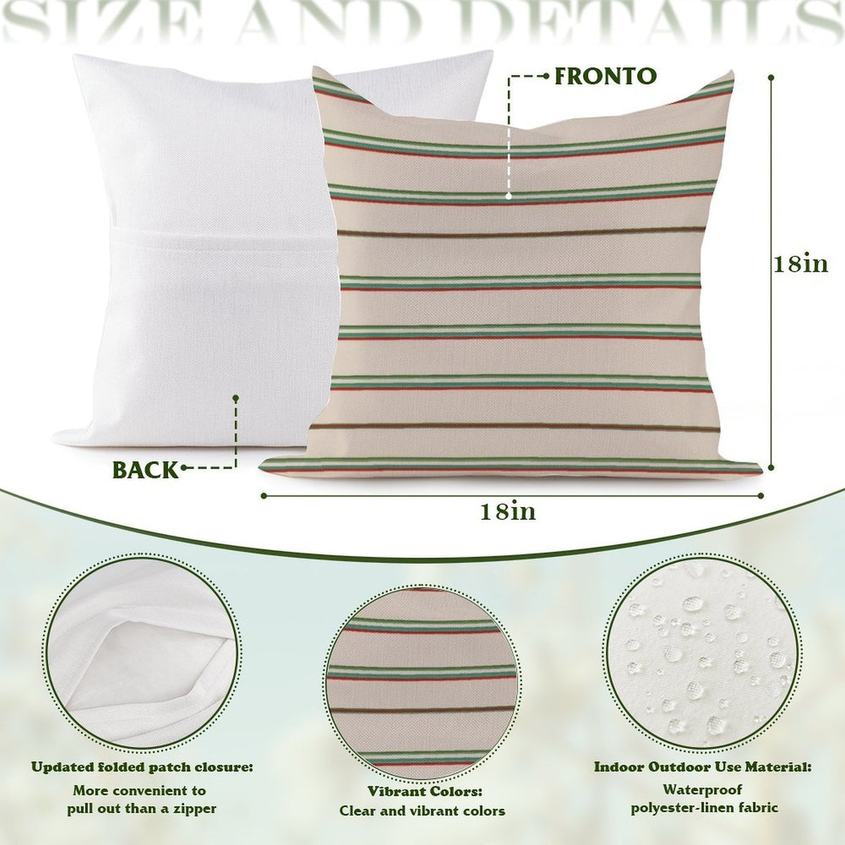 Waterproof Outdoor Throw Pillow Cover, Beige Green and Red Pillow Cover, Rustic Pillow Sham