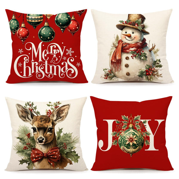 Christmas Pillow Covers 18x18 Set of 4 Red White Xmas Decorations Snowman Deer Joy Winter Holiday Decor