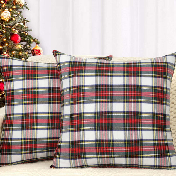Set of 2 Christmas Scottish Tartan Plaid Throw Pillow Covers Cushion Case for Farmhouse Home Decor Red and White, 18 x 18 Inches