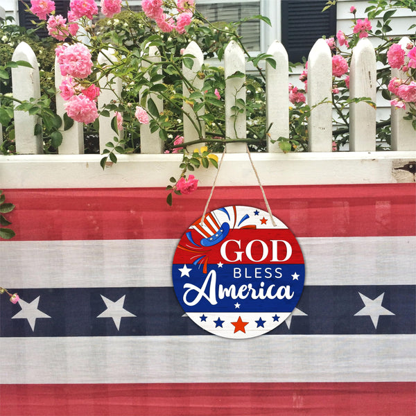 4Th Of July Hanging Wooden Sign With Sisal Rope - 8 Inches Round Door Sign, Patriotic Decor Wooden Plaque