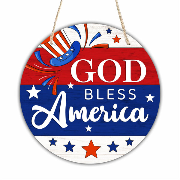 4Th Of July Hanging Wooden Sign With Sisal Rope - 8 Inches Round Door Sign, Patriotic Decor Wooden Plaque