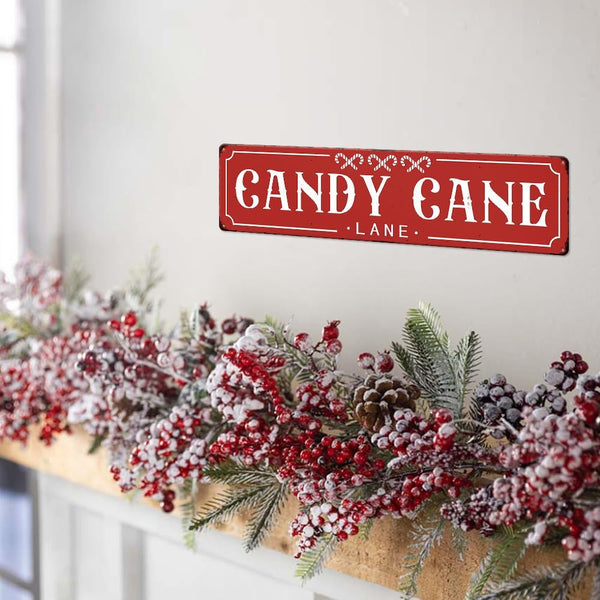 Red Candy Cane Lane Christmas Metal Sign Vintage Print Art Poster Tin Hanging Plaque for Home Kitchen Patio Yard Office Cafe Coffee Bar Front Door Wall Decor Novelty Gift 16" x 4"