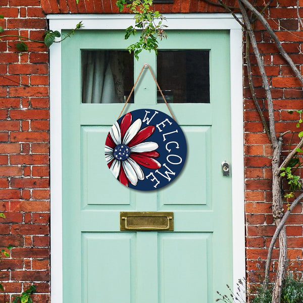 4th of July Decorations Memorial Day Door Sign 8x8 Inch American Patriotic Wood Door Hanger Independence Day Wreath Red White Blue Flower