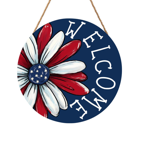 4th of July Decorations Memorial Day Door Sign 8x8 Inch American Patriotic Wood Door Hanger Independence Day Wreath Red White Blue Flower