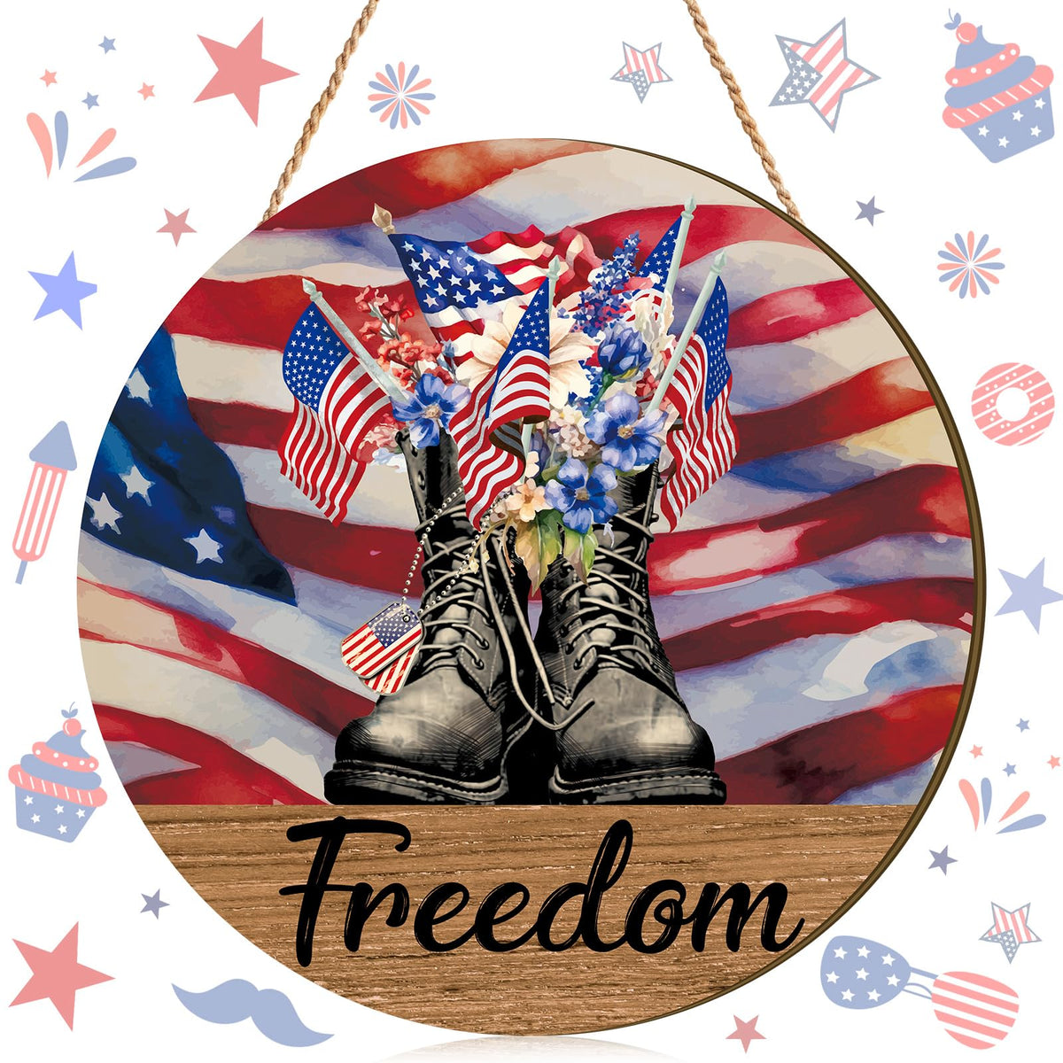 4th of July Door Sign Patriotic Wood Wreath for Front Porch Independence Day Wooden Hanging Sign Memorial Day Decor