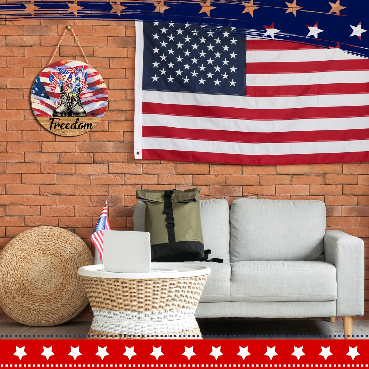 4th of July Door Sign Patriotic Wood Wreath for Front Porch Independence Day Wooden Hanging Sign Memorial Day Decor