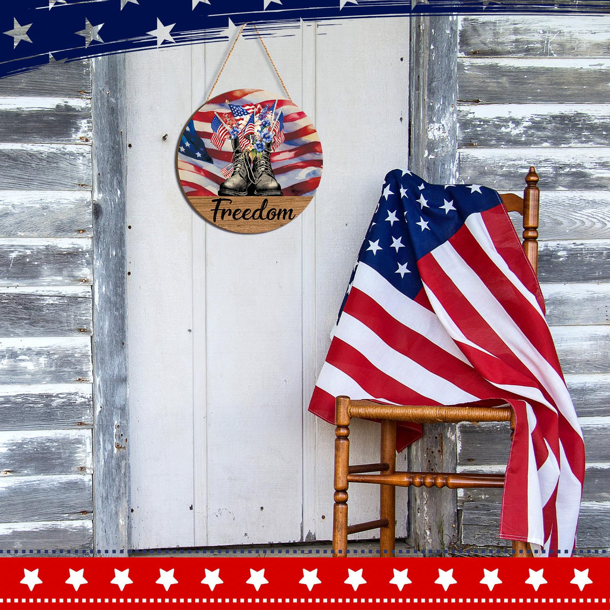 4th of July Door Sign Patriotic Wood Wreath for Front Porch Independence Day Wooden Hanging Sign Memorial Day Decor
