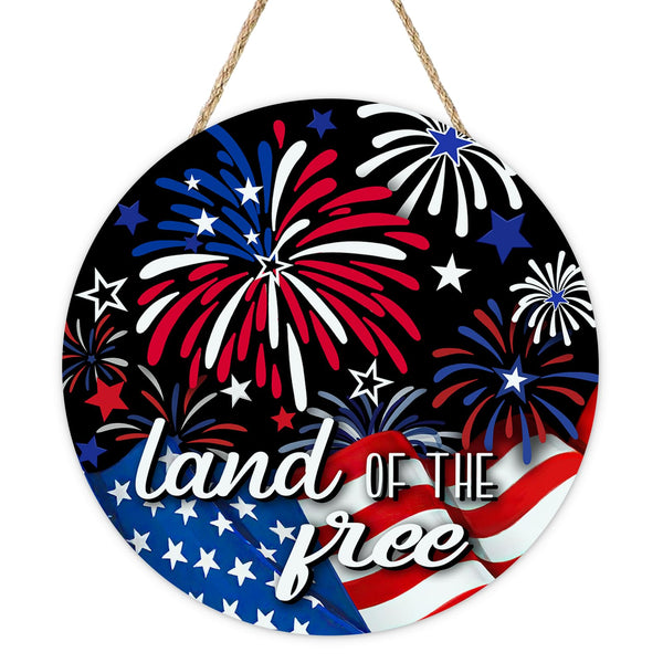 4th of July Patriotic Front Door Sign, Land of The Free America Fireworks Wood Plaque Hanger Outdoor Outside Porch Home Decor