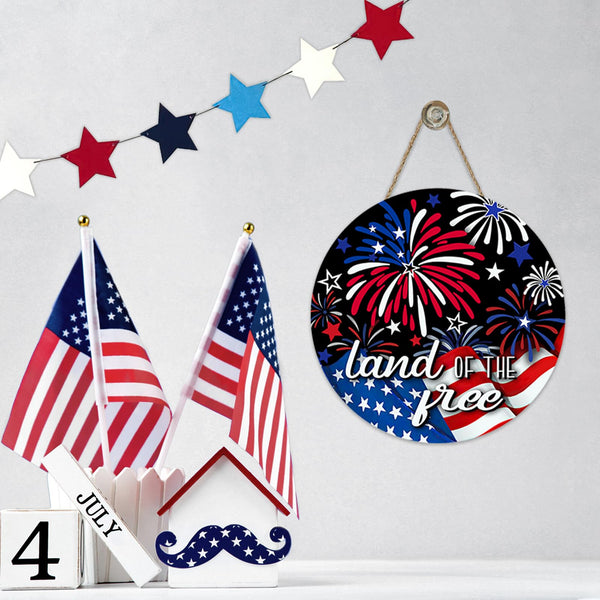 4th of July Patriotic Front Door Sign, Land of The Free America Fireworks Wood Plaque Hanger Outdoor Outside Porch Home Decor