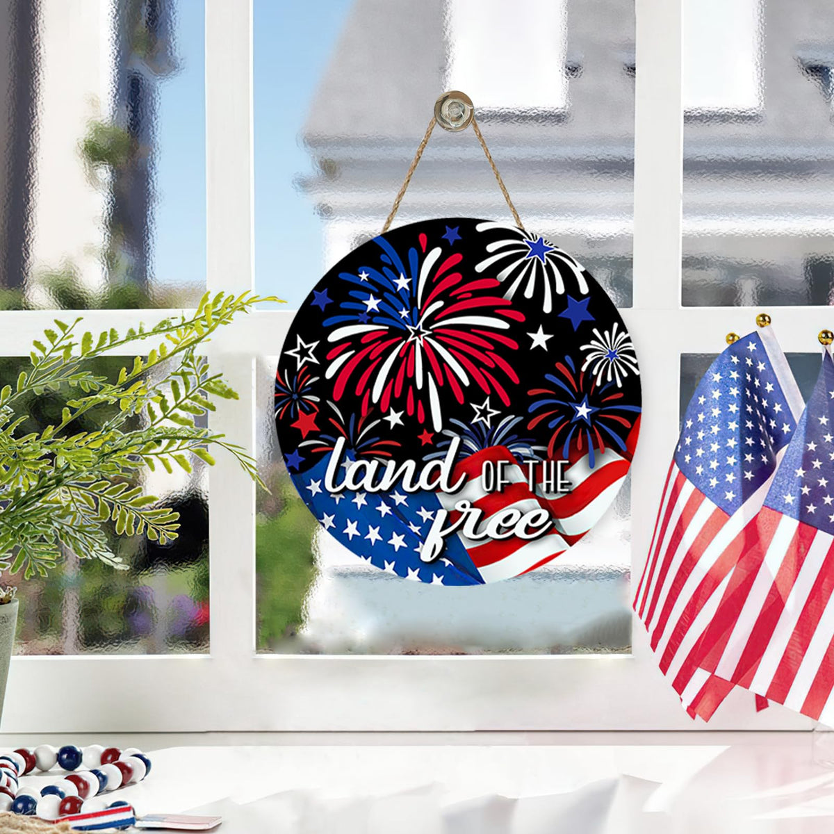 4th of July Patriotic Front Door Sign, Land of The Free America Fireworks Wood Plaque Hanger Outdoor Outside Porch Home Decor