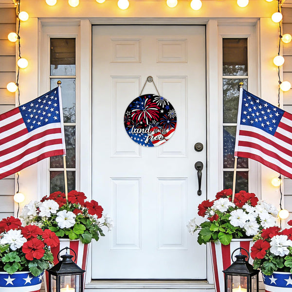4th of July Patriotic Front Door Sign, Land of The Free America Fireworks Wood Plaque Hanger Outdoor Outside Porch Home Decor