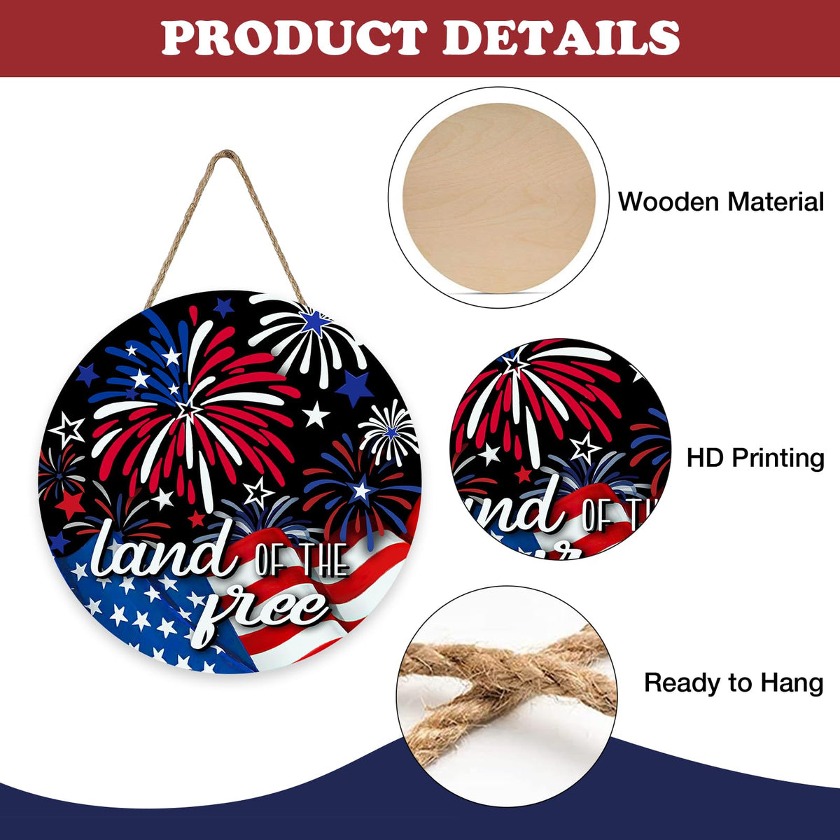 4th of July Patriotic Front Door Sign, Land of The Free America Fireworks Wood Plaque Hanger Outdoor Outside Porch Home Decor