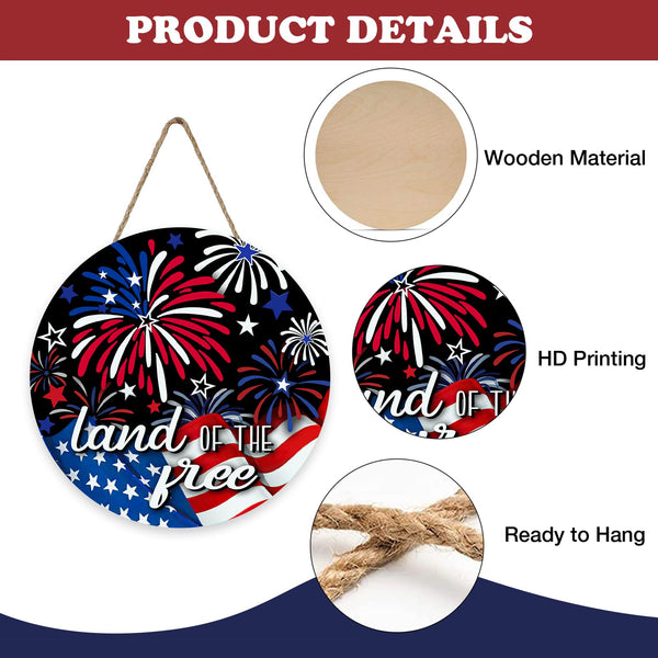 4th of July Patriotic Front Door Sign, Land of The Free America Fireworks Wood Plaque Hanger Outdoor Outside Porch Home Decor