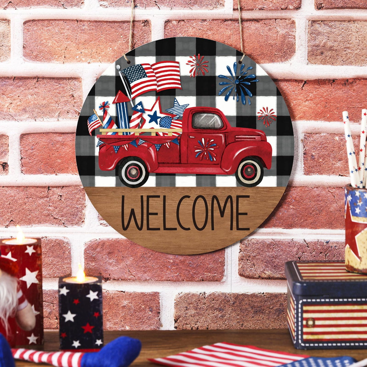 4th of July Patriotic Welcome Sign Memorial Day Door Hanger Red White Blue Wreath American Flag Truck Front Door Decor