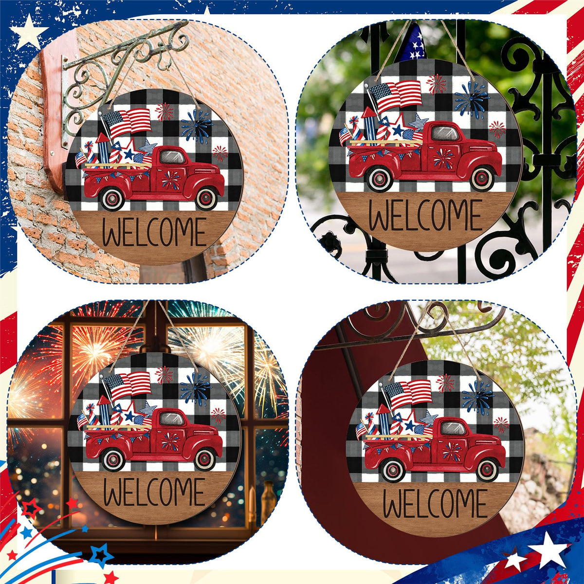 4th of July Patriotic Welcome Sign Memorial Day Door Hanger Red White Blue Wreath American Flag Truck Front Door Decor