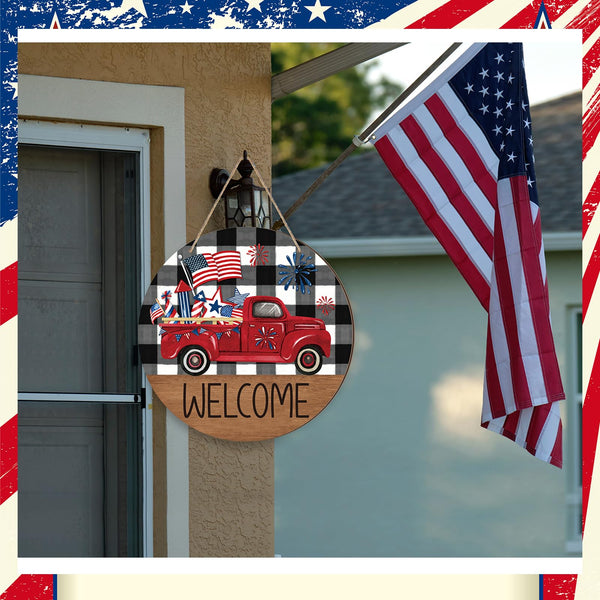 4th of July Patriotic Welcome Sign Memorial Day Door Hanger Red White Blue Wreath American Flag Truck Front Door Decor