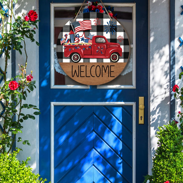 4th of July Patriotic Welcome Sign Memorial Day Door Hanger Red White Blue Wreath American Flag Truck Front Door Decor