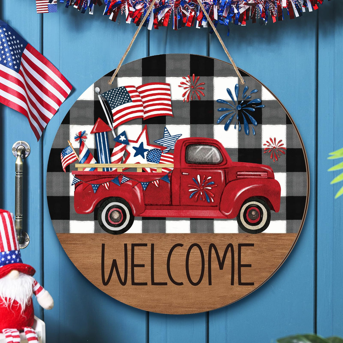 4th of July Patriotic Welcome Sign Memorial Day Door Hanger Red White Blue Wreath American Flag Truck Front Door Decor