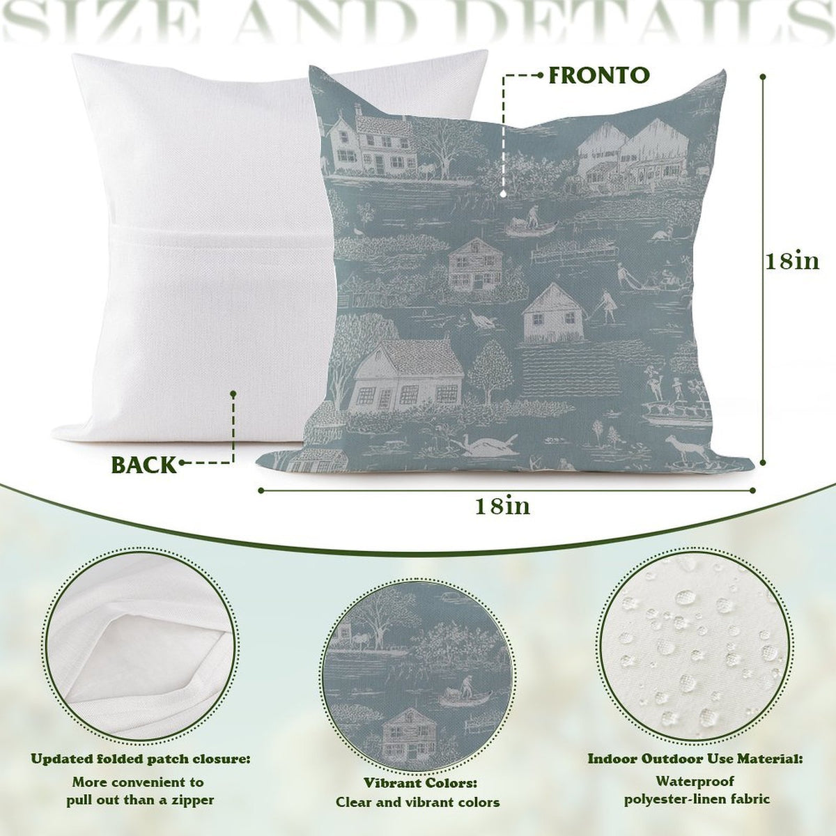 Waterproof Outdoor Throw Pillow Cover, Teal Toile Print Pillow Cover, Rustic Pillow Sham