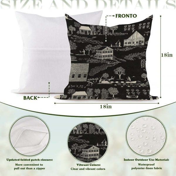 Waterproof Outdoor Throw Pillow Cover, Black Toile Print Pillow Cover, Rustic Pillow Sham