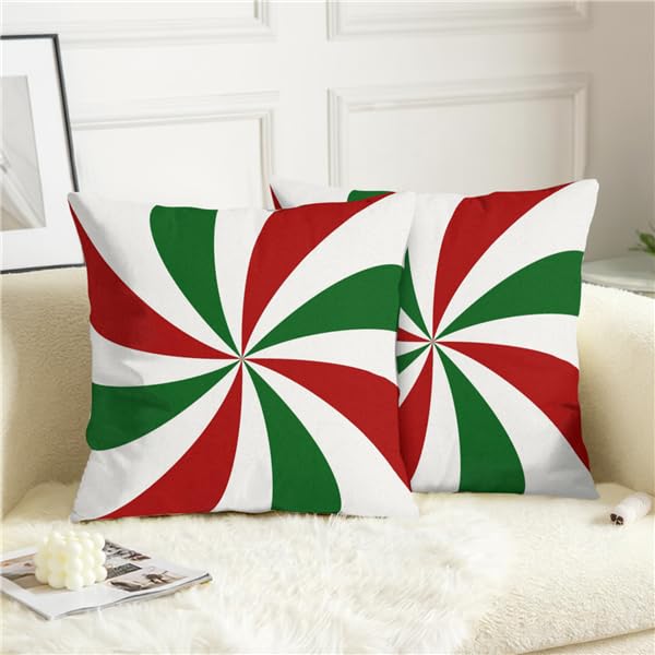 Xmas Candy Throw Pillow Covers 18x18 Set of 2 Red Green White Swirl Stripe Christmas Decorative