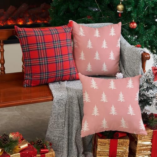 Christmas Pillow Covers 18x18 inch Set of 2 Christmas Tree Decorative Pink Throw Pillow Covers