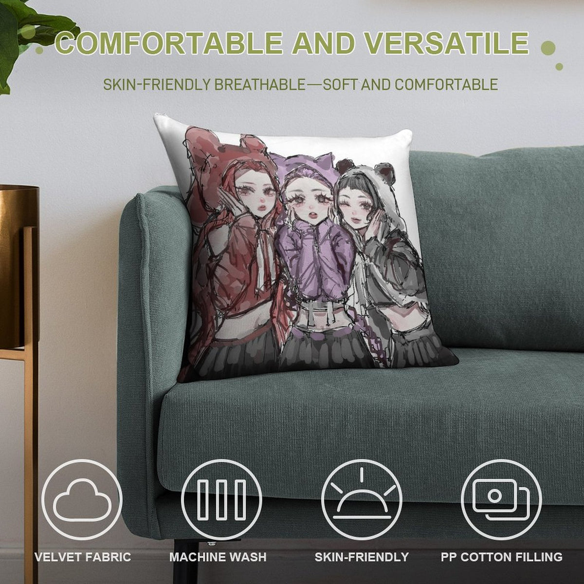 Kpop Demon Monster Soft Plush Pillow Cover 18"x18" – Ultra Soft Short Plush Square Cushion Cover with Hidden Zipper, Single-Sided Print Decorative Throw Pillowcase for Sofa, Bed, and Home Decor