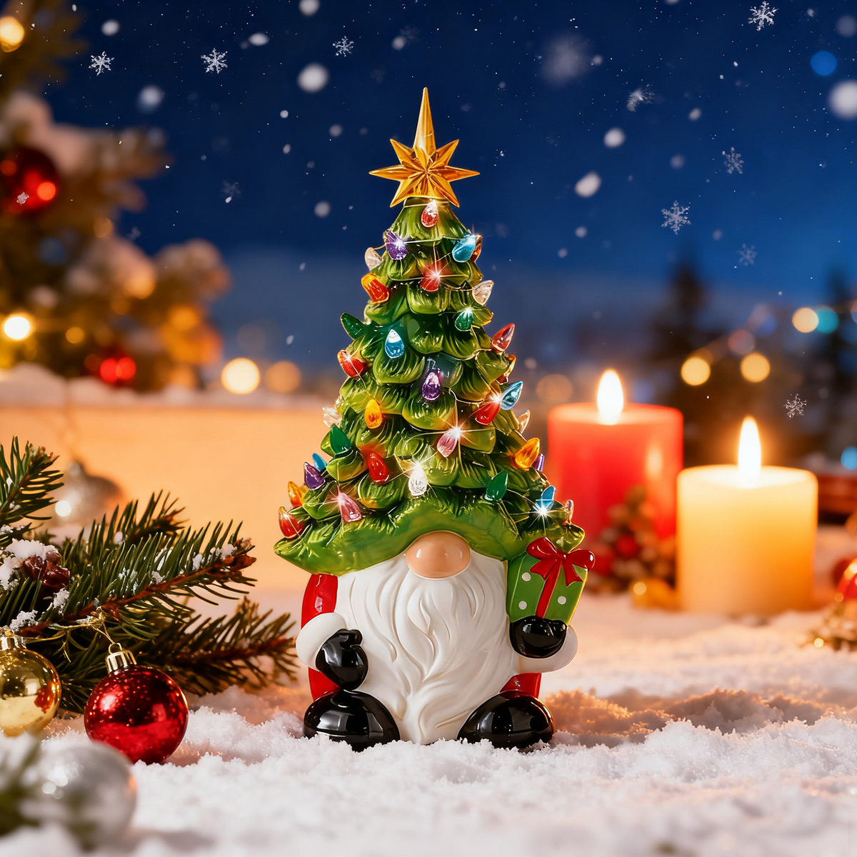 Lighted Christmas Gnome Decorations Hand-Painted Christmas Tree 8 Inch Small Mini Prelit Xmas Holiday Decor for Tabletop Home Room DIY Gifts