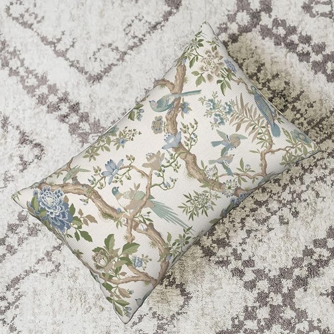 Sage Green Blue Pillow Covers 12x20 Inch 2 Pcs Spring Floral Bird Chinoiserie Decor, No Insert, Velvet