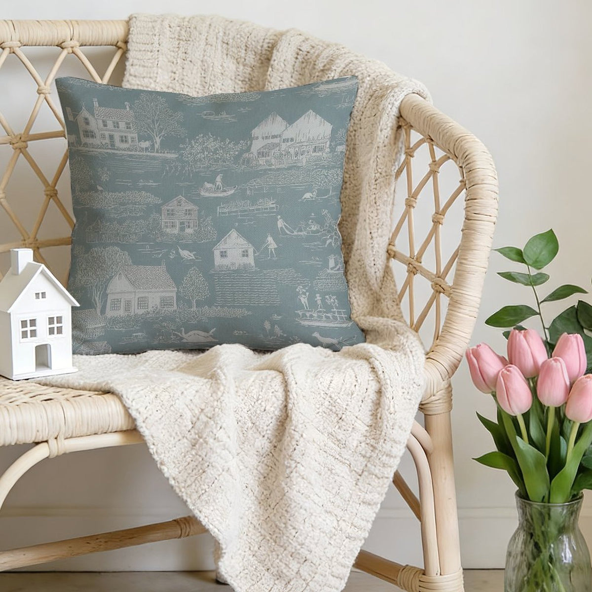 Waterproof Outdoor Throw Pillow Cover, Teal Toile Print Pillow Cover, Rustic Pillow Sham