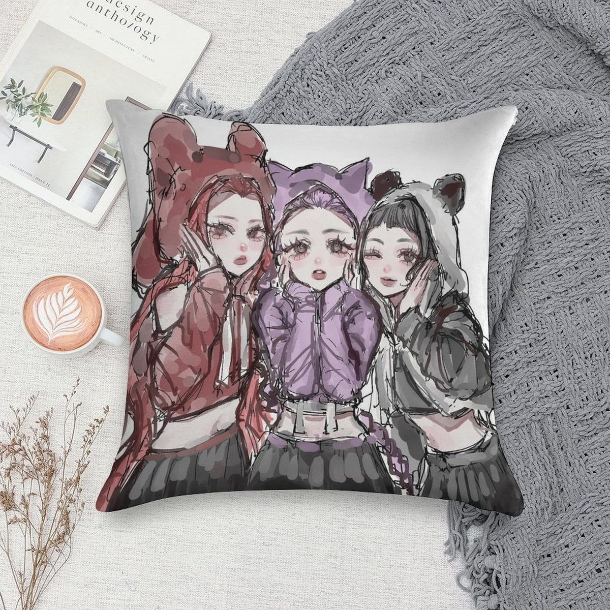 Kpop Demon Monster Soft Plush Pillow Cover 18"x18" – Ultra Soft Short Plush Square Cushion Cover with Hidden Zipper, Single-Sided Print Decorative Throw Pillowcase for Sofa, Bed, and Home Decor