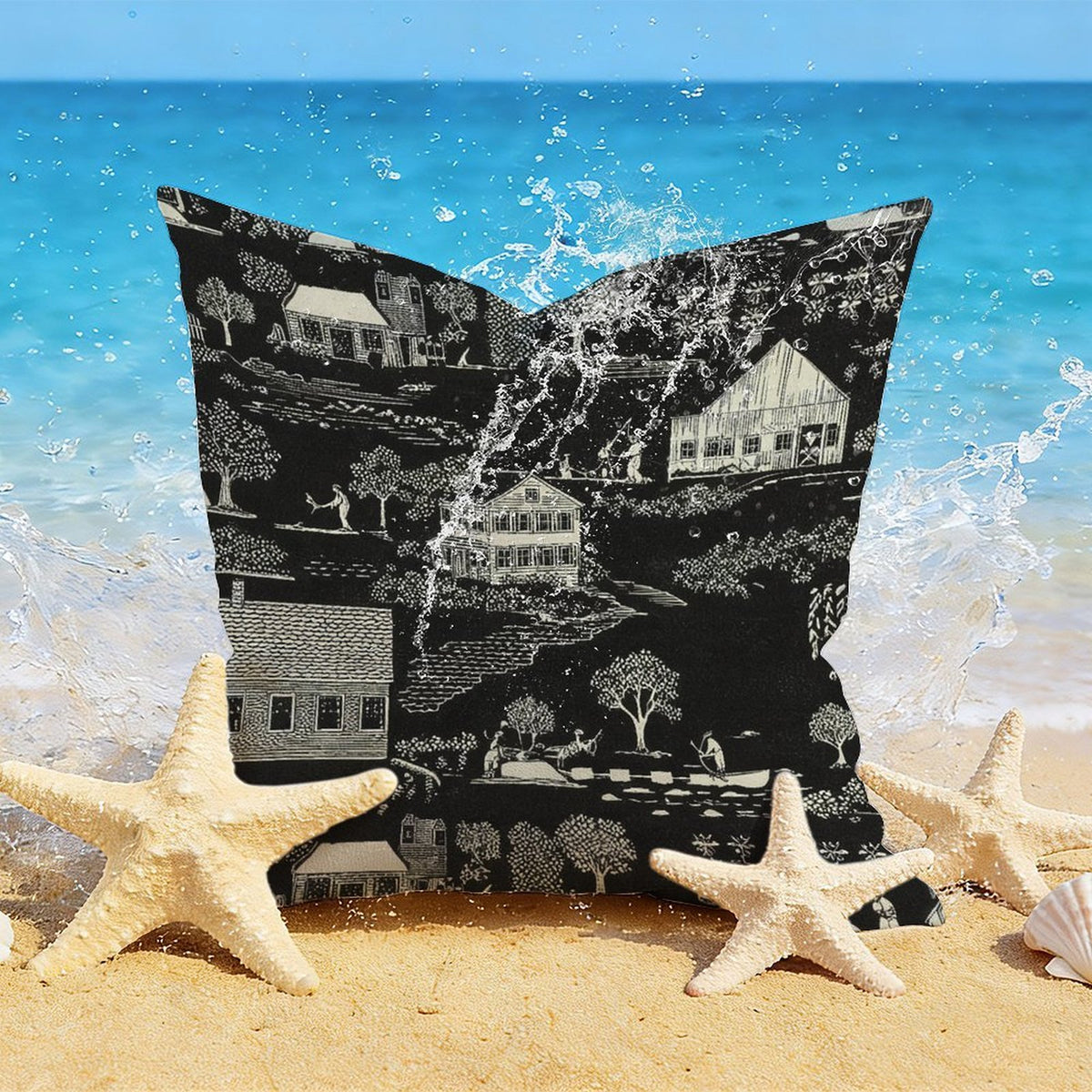 Waterproof Outdoor Throw Pillow Cover, Black Toile Print Pillow Cover, Rustic Pillow Sham