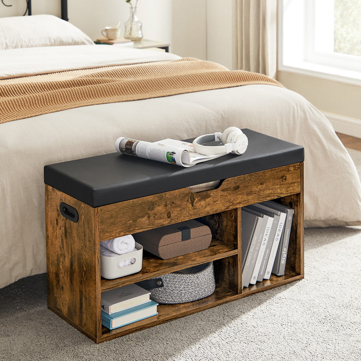 6-Pair Rustic Brown Shoe Storage Bench – Entryway Shoe Organizer with Seat