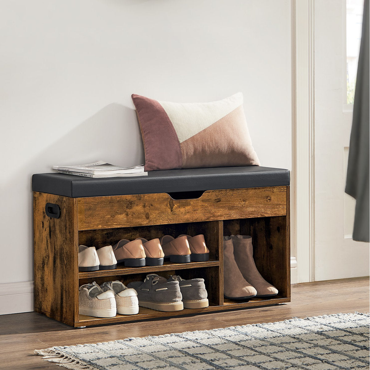 6-Pair Rustic Brown Shoe Storage Bench – Entryway Shoe Organizer with Seat