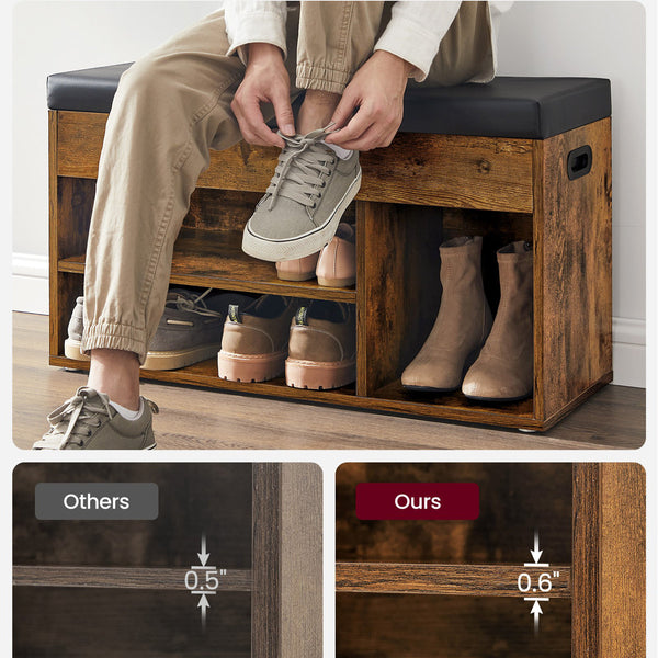 6-Pair Rustic Brown Shoe Storage Bench – Entryway Shoe Organizer with Seat