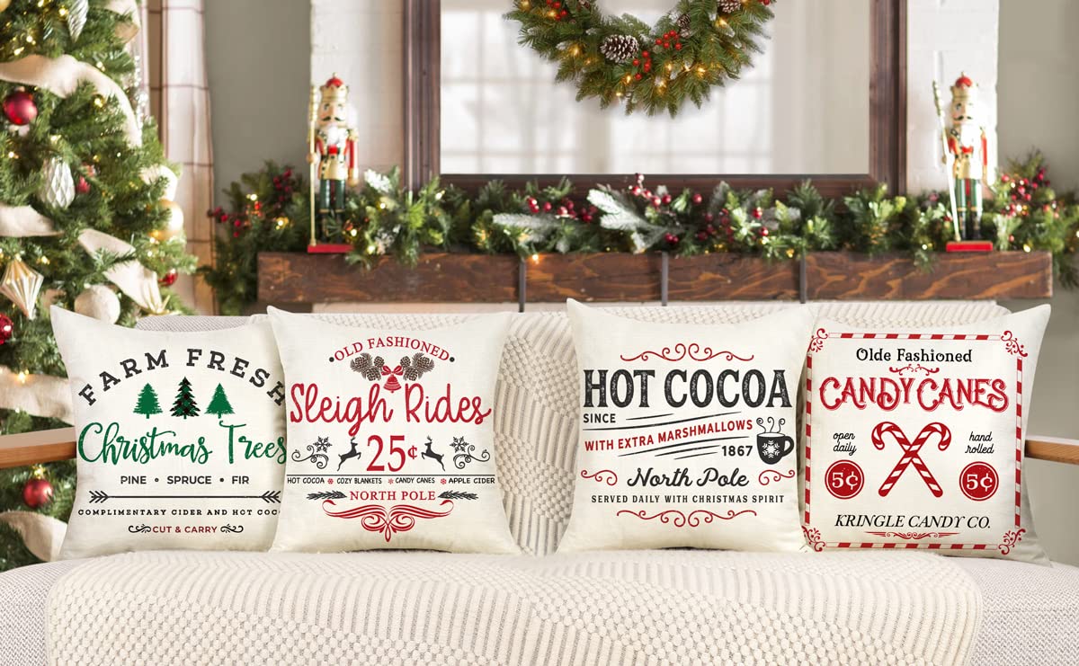 Set of 4 Farmhouse Christmas Pillow Covers 18x18 Set of 4 Winter Holiday Decorations