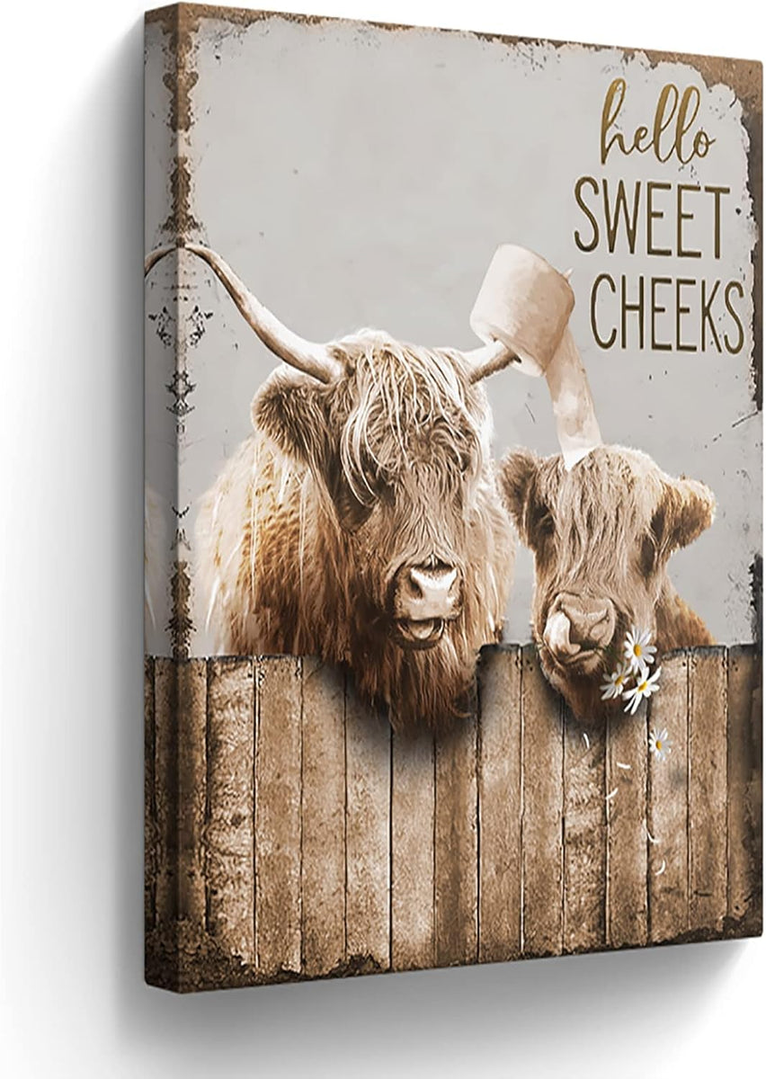 Bathroom Decor Canvas Wall Art Highland Cow Pictures Wall Decor Farmhouse Bathroom Cow Painting for Bathroom Toilet Country Cattle Prints