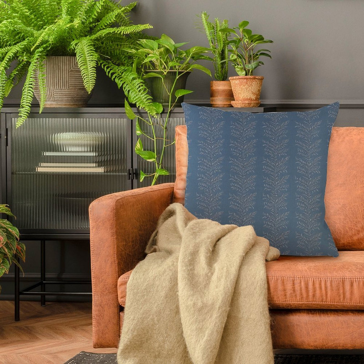 Waterproof Outdoor Throw Pillow Cover, Navy Blue Leaves Rustic Pillow Sham