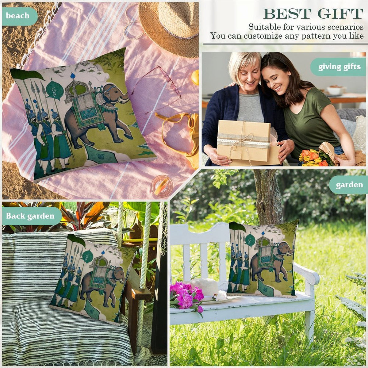 Waterproof Outdoor Throw Pillow Cover, Elephant Teal Cover, Rustic Pillow Sham