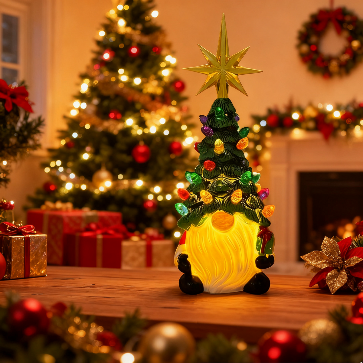 Lighted Christmas Gnome Decorations Hand-Painted Christmas Tree 8 Inch Small Mini Prelit Xmas Holiday Decor for Tabletop Home Room DIY Gifts