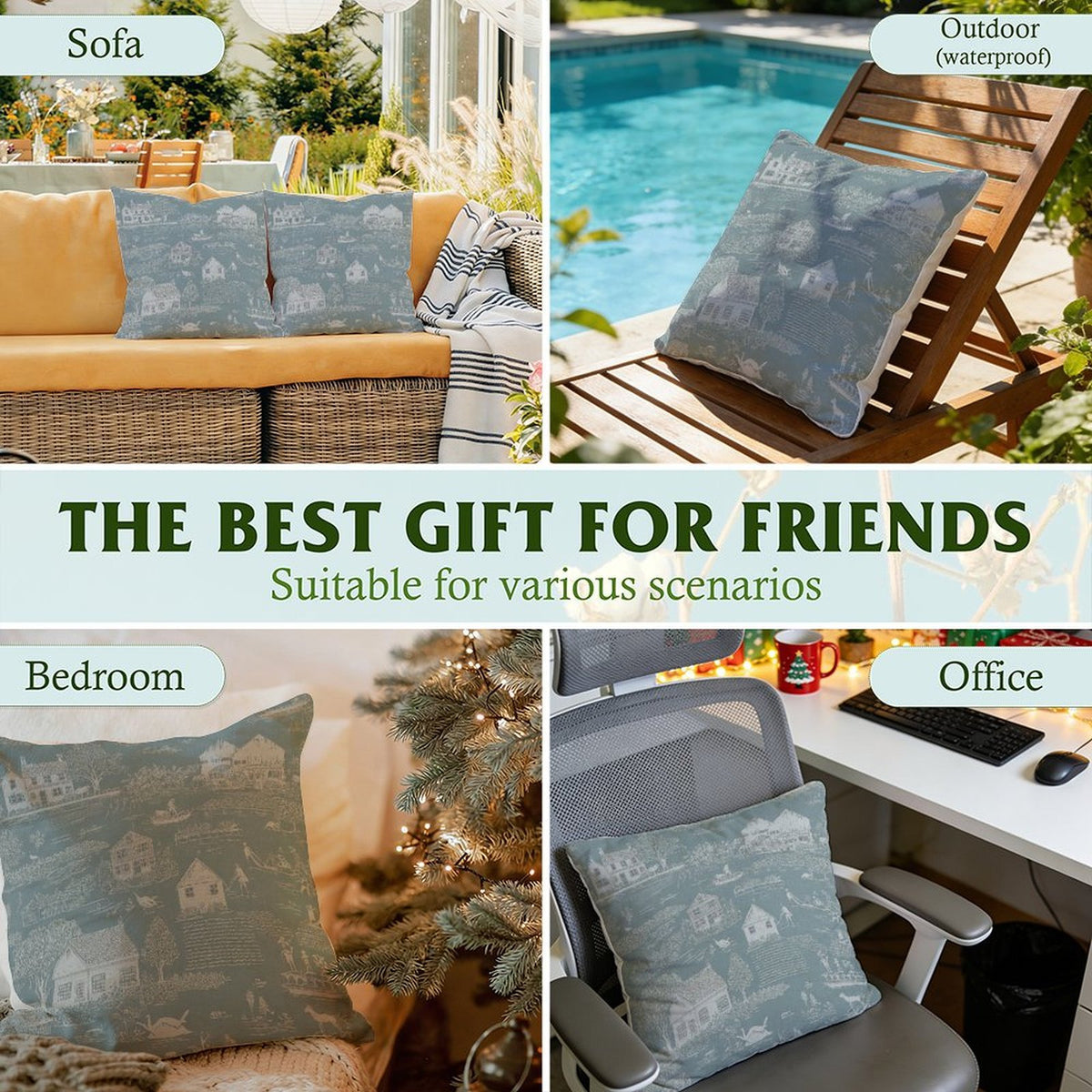 Waterproof Outdoor Throw Pillow Cover, Teal Toile Print Pillow Cover, Rustic Pillow Sham