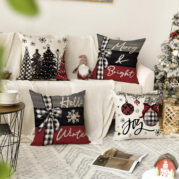 Merry Christmas Joy Xmas Trees Red Throw Pillow Covers, 18 x 18 Inch, Set of 4